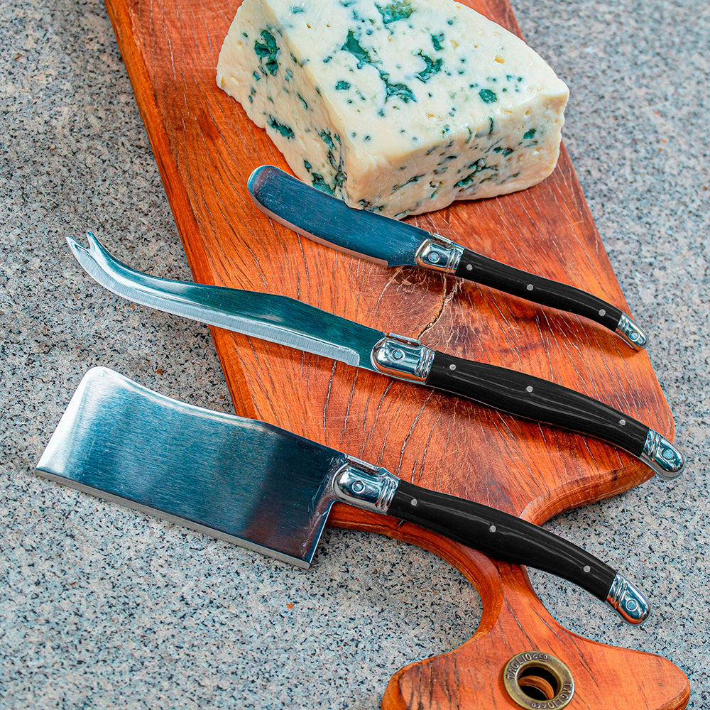 Conjunto De 3 Facas Laguiole Luxo Para Queijo Em Bandeja De Madeira, Preto