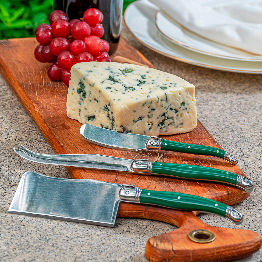 Conjunto De 3 Facas Laguiole Luxo Para Queijo Em Bandeja De Madeira, Verde