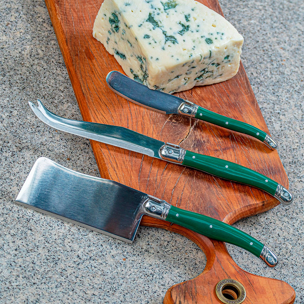 Conjunto De 3 Facas Laguiole Luxo Para Queijo Em Bandeja De Madeira, Verde