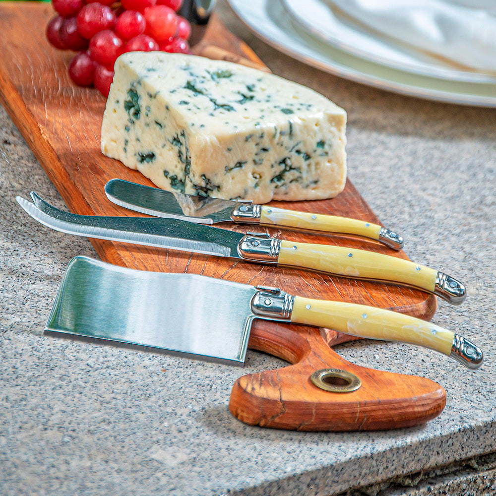 Conjunto De 3 Facas Laguiole Luxo Para Queijo Em Bandeja De Madeira, Marfim