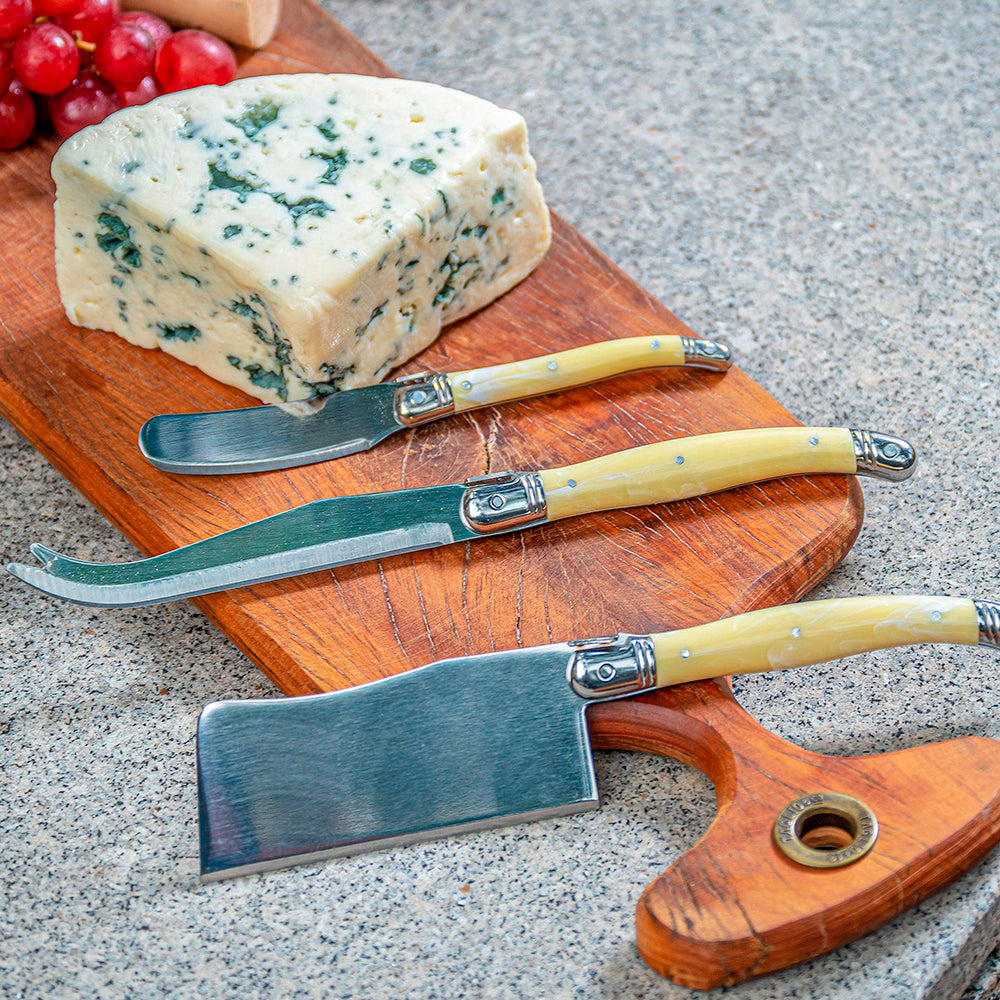 Conjunto De 3 Facas Laguiole Luxo Para Queijo Em Bandeja De Madeira, Marfim