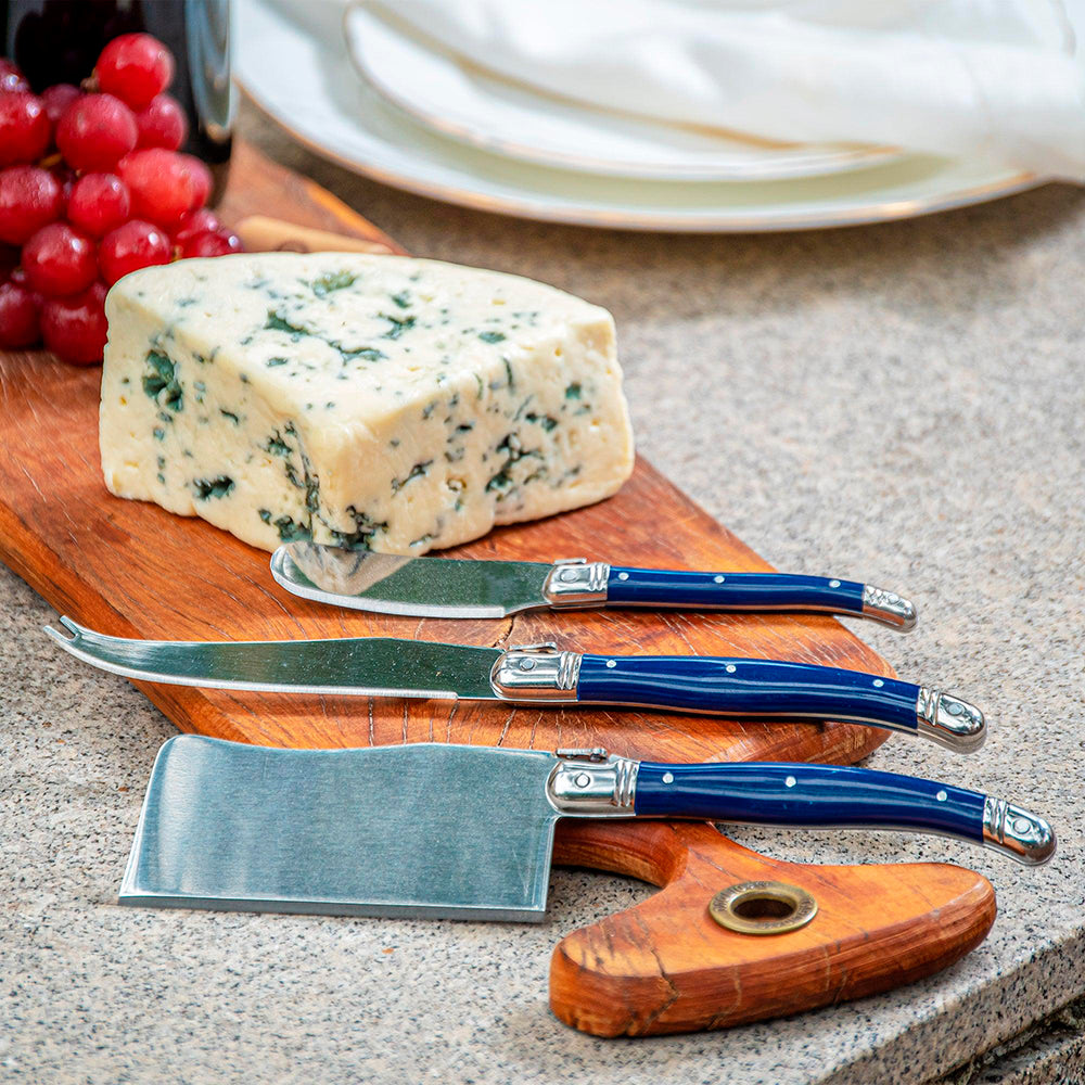 Conjunto De 3 Facas Laguiole Luxo Para Queijo Em Bandeja De Madeira, Azul