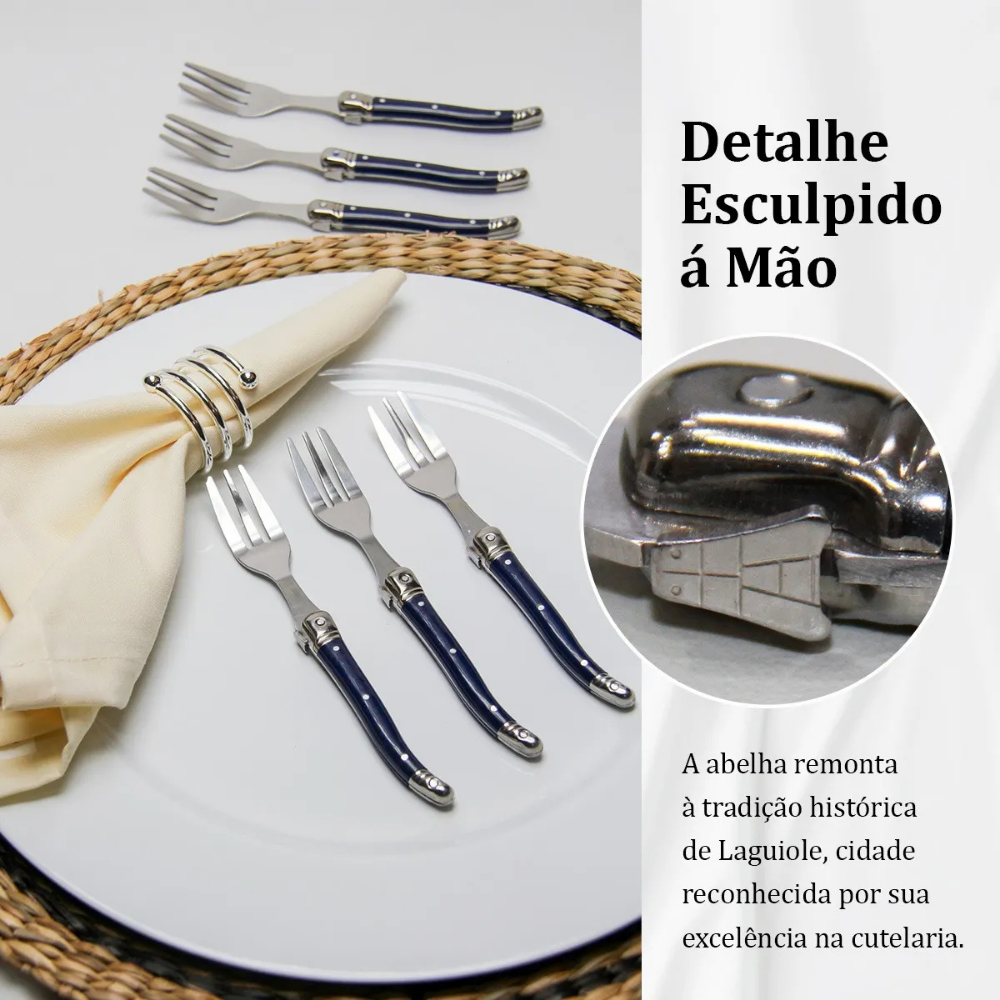 Conjunto De 6 Garfos Sobremesa Laguiole Luxo Em Bandeja De Madeira, Azul