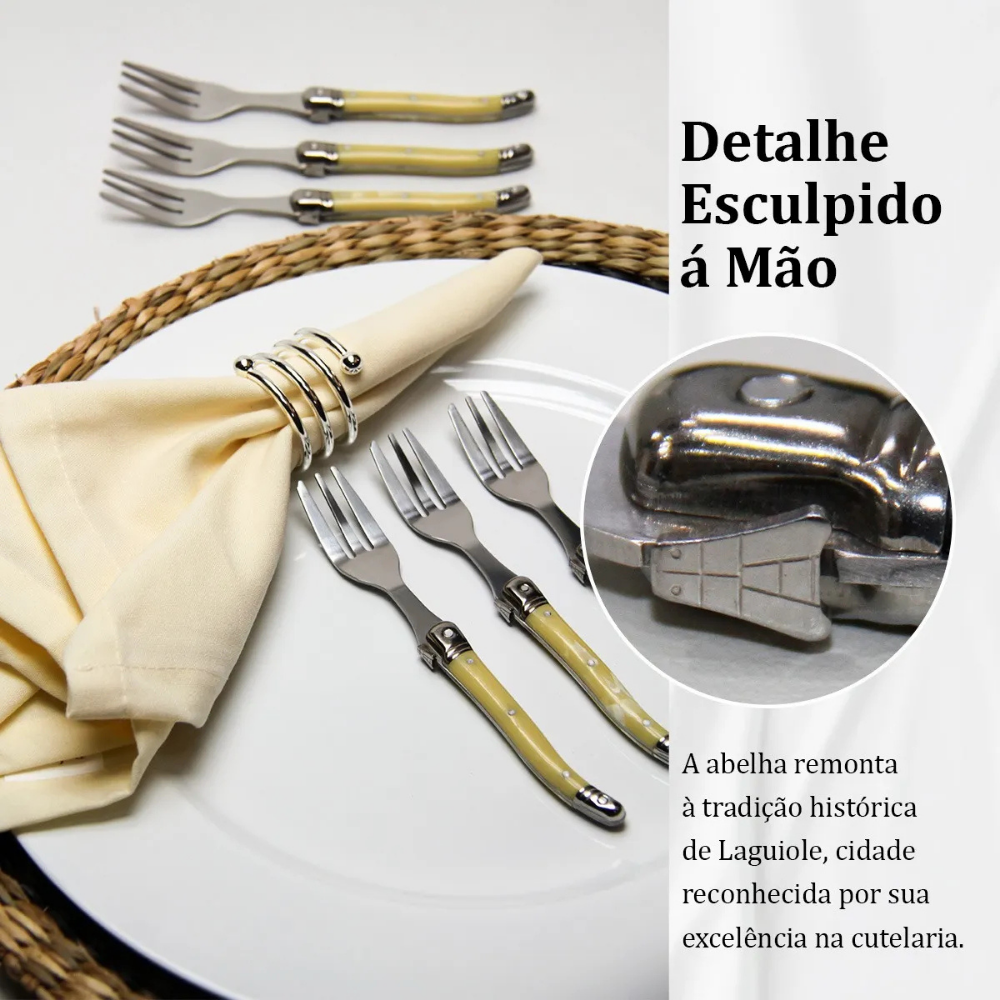 Conjunto De 6 Garfos Sobremesa Laguiole Luxo Em Bandeja De Madeira, Marfim
