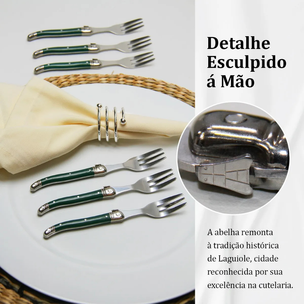 Conjunto De 6 Garfos Sobremesa Laguiole Luxo Em Bandeja De Madeira, Verde