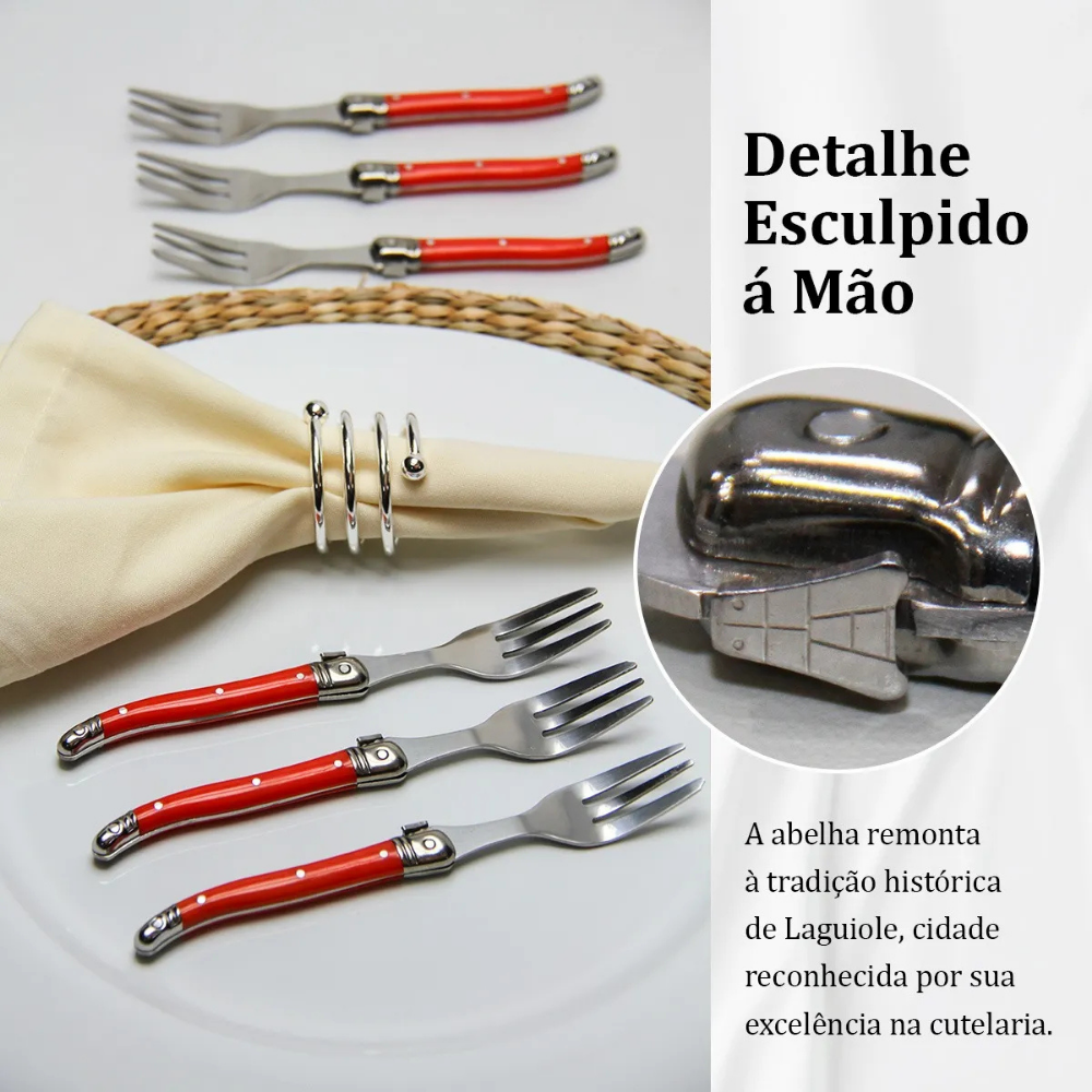 Conjunto De 6 Garfos Sobremesa Laguiole Luxo Em Bandeja De Madeira, Vermelho