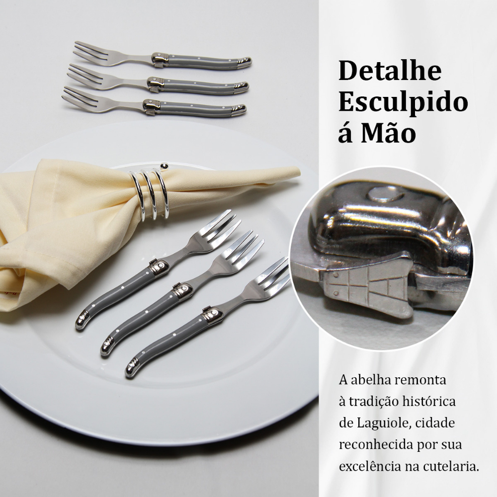 Conjunto De 6 Garfos Sobremesa Laguiole Luxo Em Bandeja De Madeira, Cinza