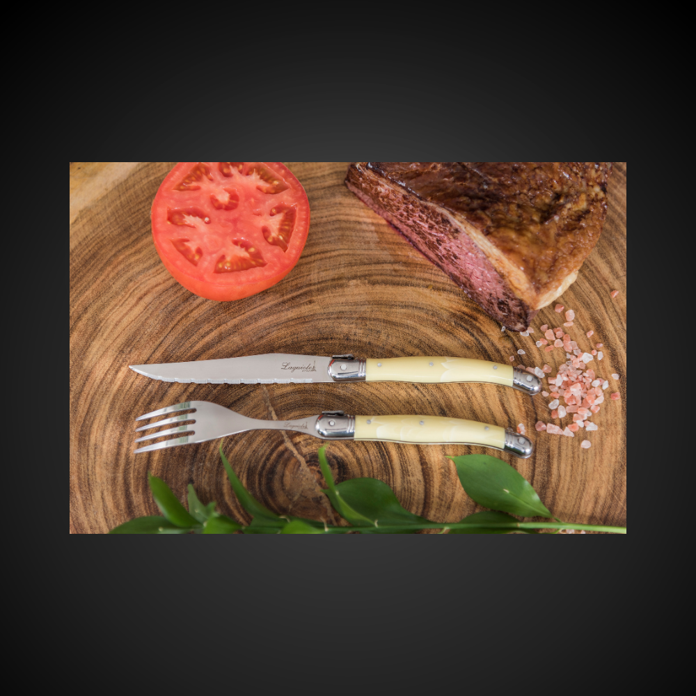 Conjunto De 6 Garfos Laguiole Luxo Em Bandeja De Madeira, Marfim