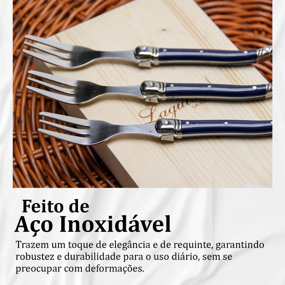 Conjunto De 6 Garfos Sobremesa Laguiole Luxo Em Bandeja De Madeira, Azul