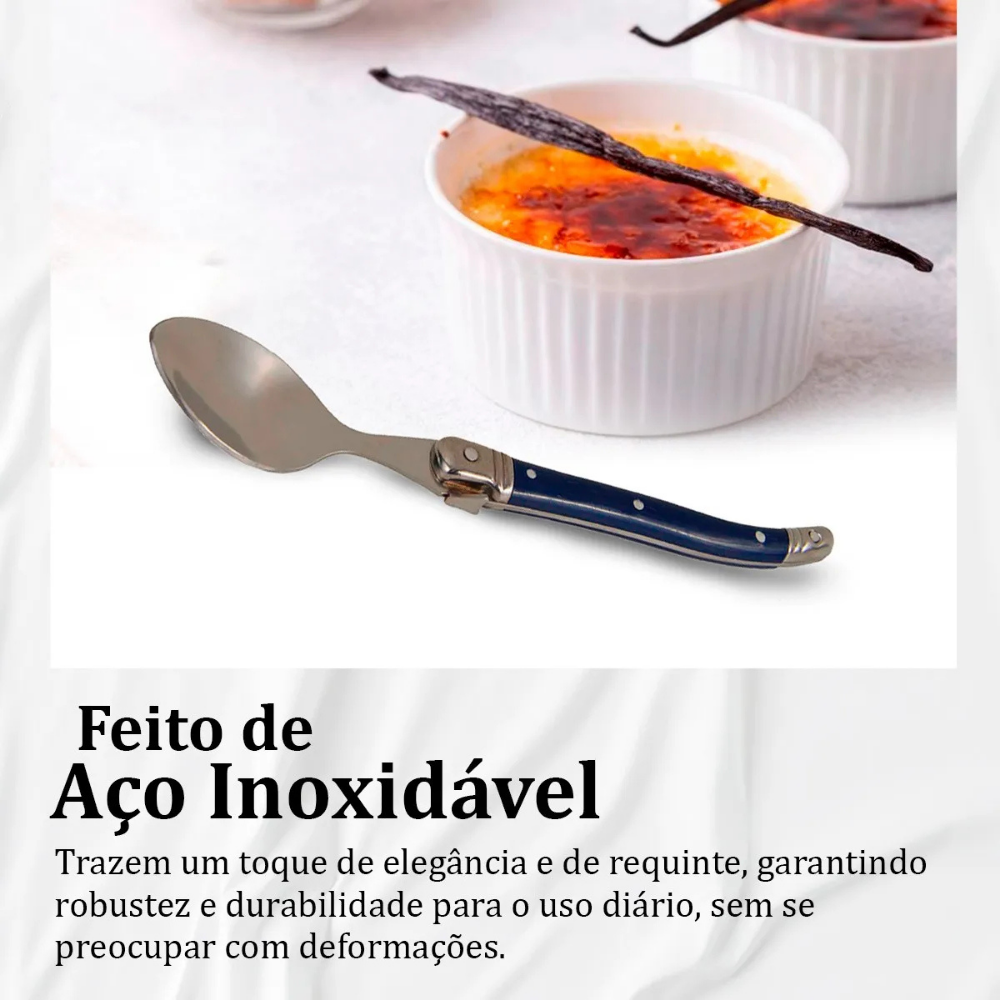 Conjunto De 6 Colheres Sobremesa Laguiole Luxo Em Bandeja De Madeira, Azul