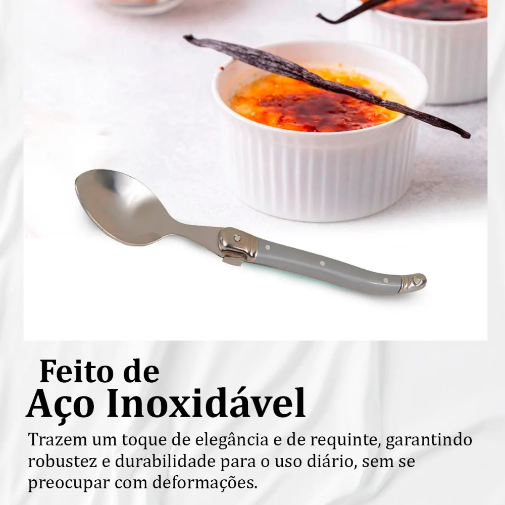 Conjunto De 6 Colheres Sobremesa Laguiole Luxo Em Bandeja De Madeira, Cinza