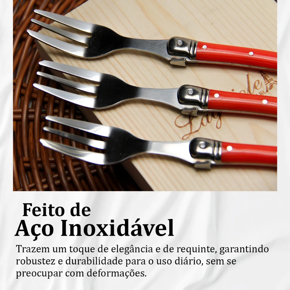 Conjunto De 6 Garfos Sobremesa Laguiole Luxo Em Bandeja De Madeira, Vermelho