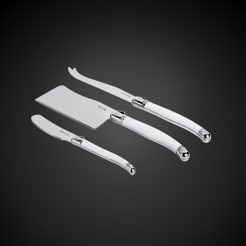 Conjunto De 3 Facas Laguiole Luxo Para Queijo Em Bandeja De Madeira, Branco