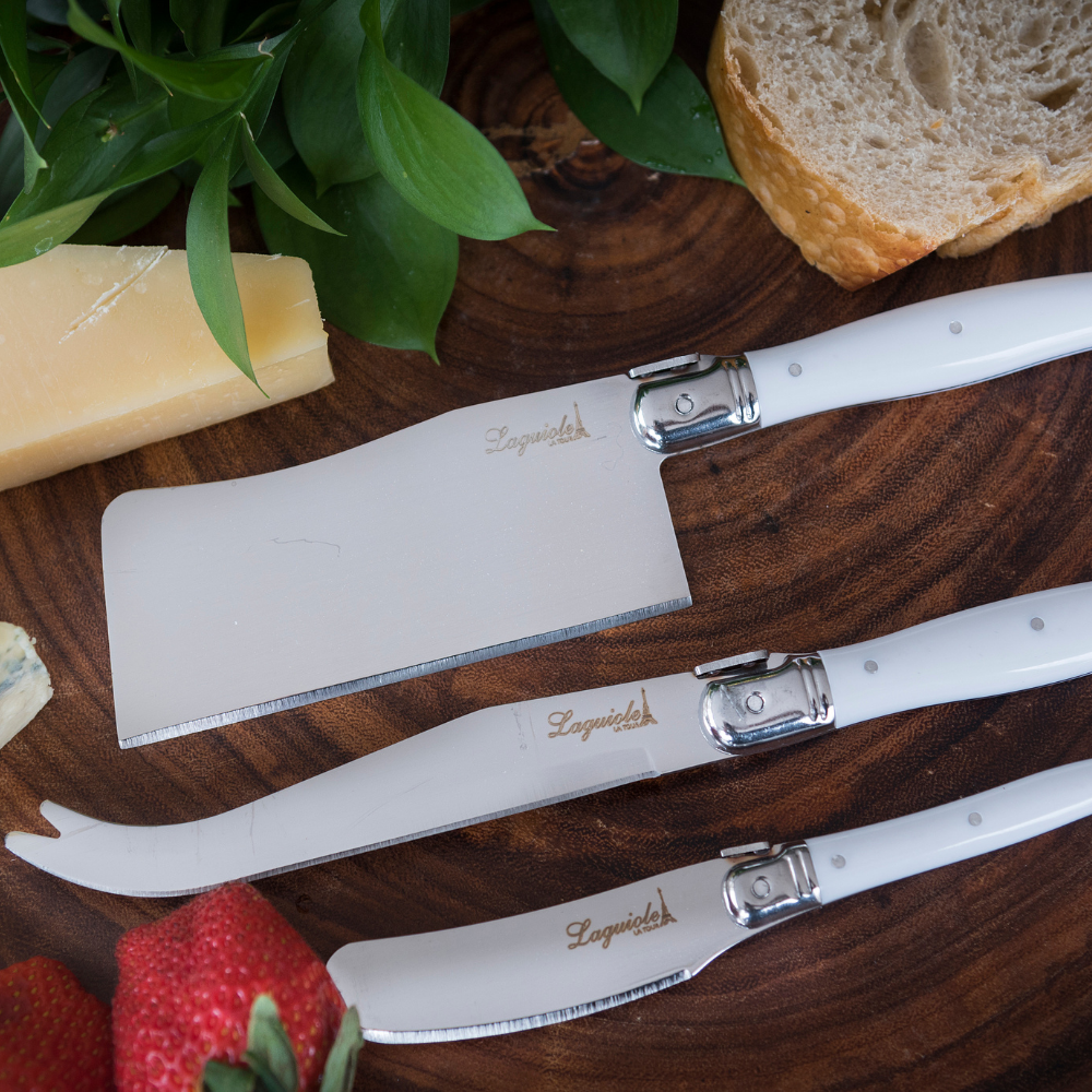 Conjunto De 3 Facas Laguiole Luxo Para Queijo Em Bandeja De Madeira, Branco