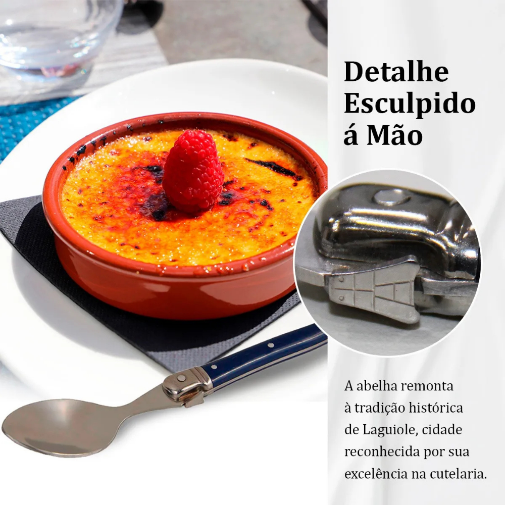 Conjunto De 6 Colheres Sobremesa Laguiole Luxo Em Bandeja De Madeira, Azul