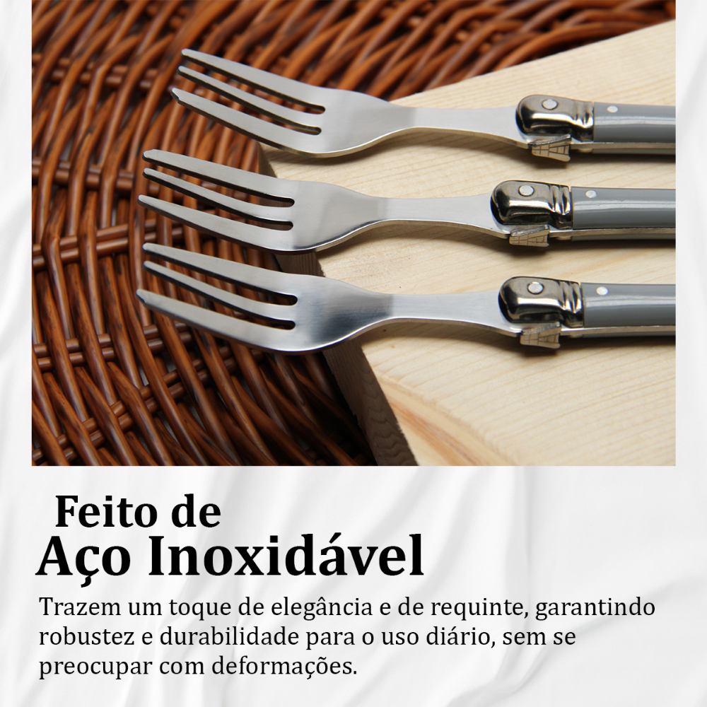 Conjunto De 6 Garfos Sobremesa Laguiole Luxo Em Bandeja De Madeira, Cinza