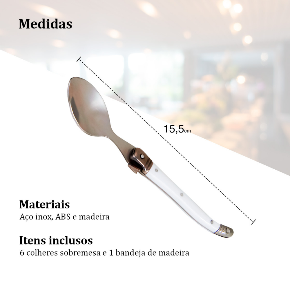 Conjunto De 6 Colheres Sobremesa Laguiole Luxo Em Bandeja De Madeira, Branco