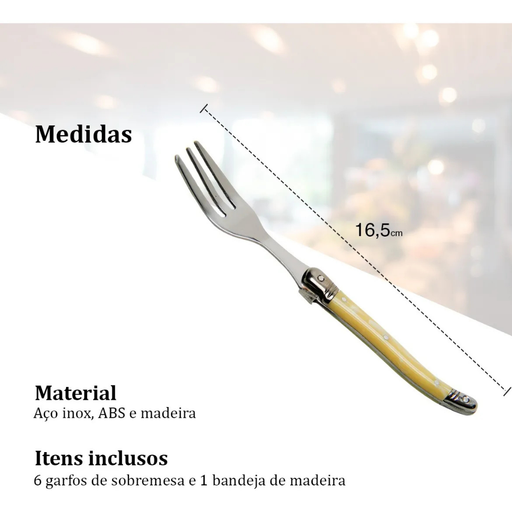 Conjunto De 6 Garfos Sobremesa Laguiole Luxo Em Bandeja De Madeira, Marfim