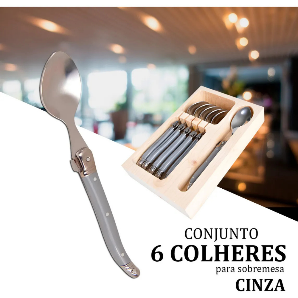 Conjunto De 6 Colheres Sobremesa Laguiole Luxo Em Bandeja De Madeira, Cinza
