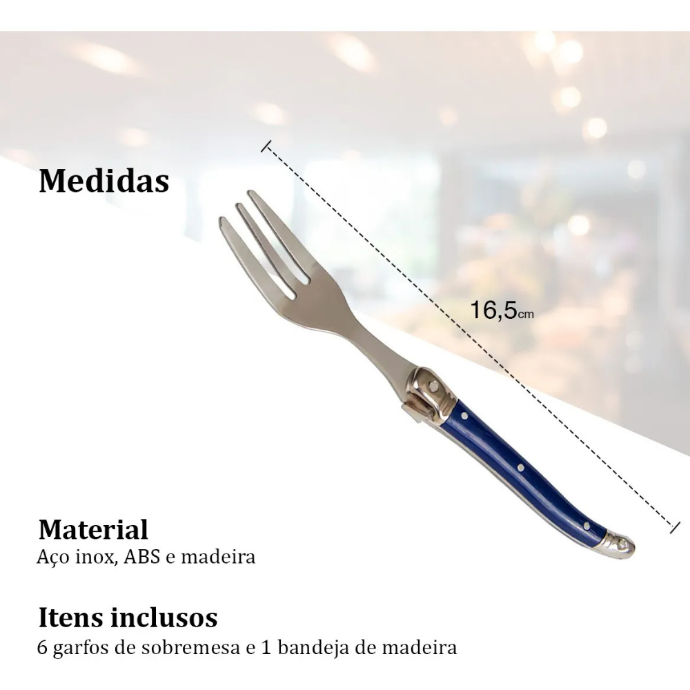 Conjunto De 6 Garfos Sobremesa Laguiole Luxo Em Bandeja De Madeira, Azul