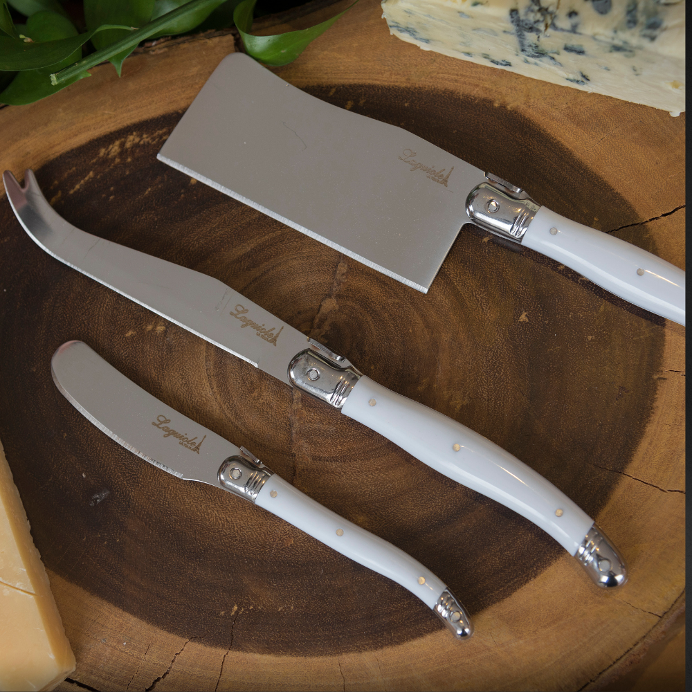 Conjunto De 3 Facas Laguiole Luxo Para Queijo Em Bandeja De Madeira, Branco