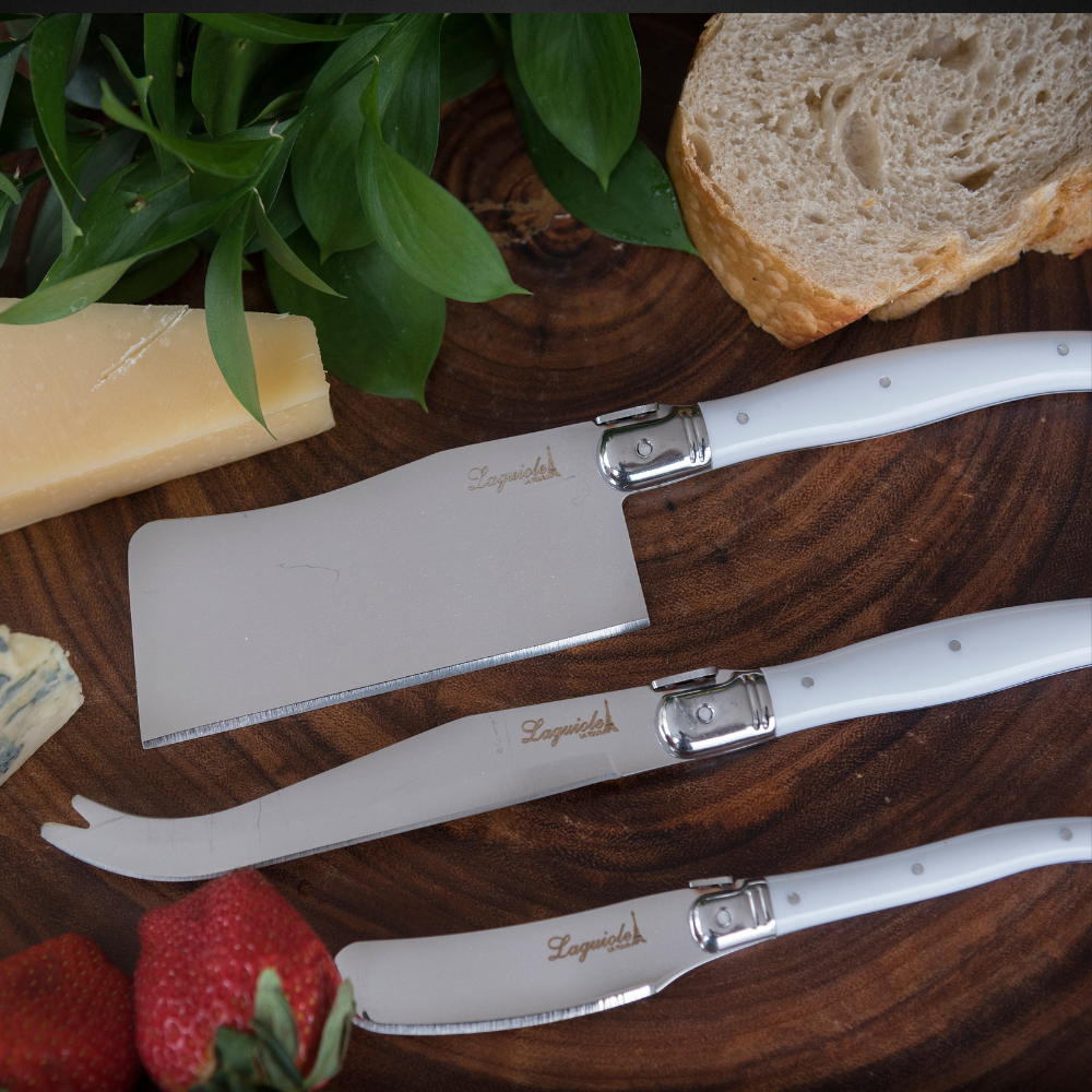 Conjunto De 3 Facas Laguiole Luxo Para Queijo Em Bandeja De Madeira, Branco